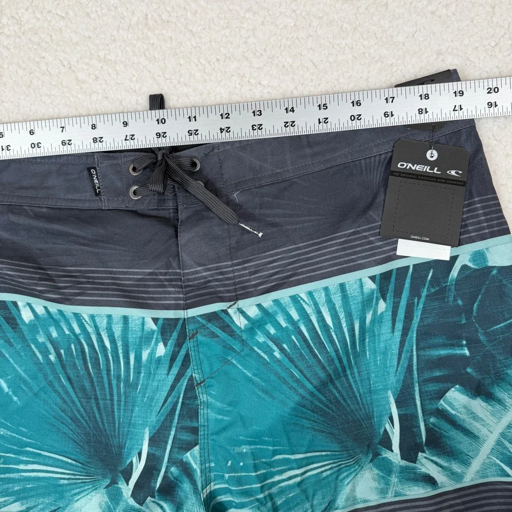 ONeill NWT Mens‎ Board Shorts 38 Teal Grey Tropical Palm Stripe Swim Trunks 20in